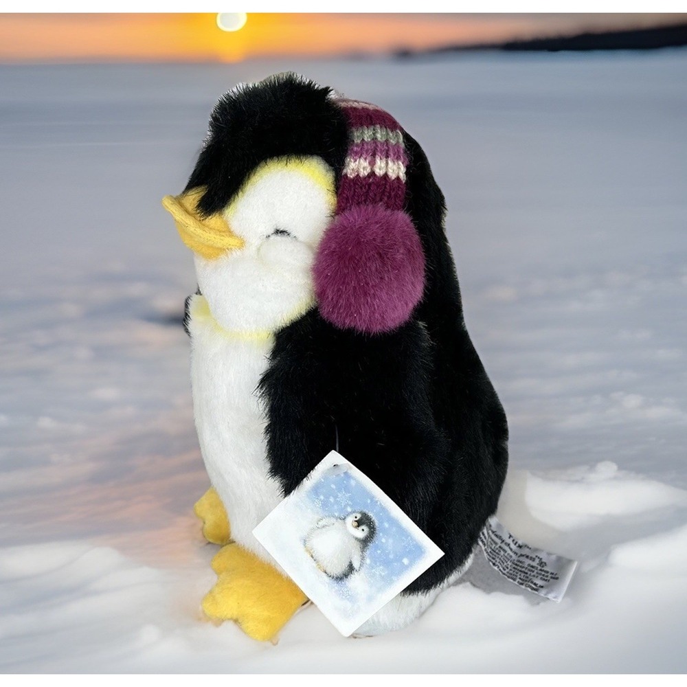 TUX PENGUIN Stuffed Animal Plush Russ Berrie Black White Earmuffs Plush NEW 8in